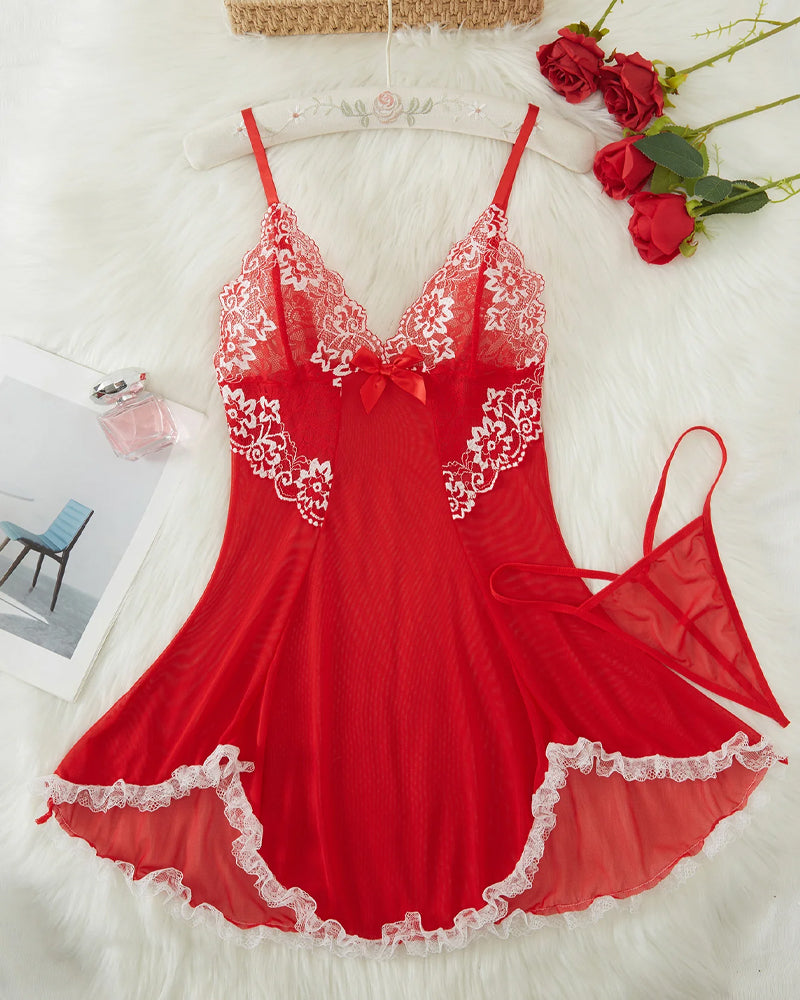 Ocevara Sexy V Neck Sheer Lace Nightgown with G-String - image 5