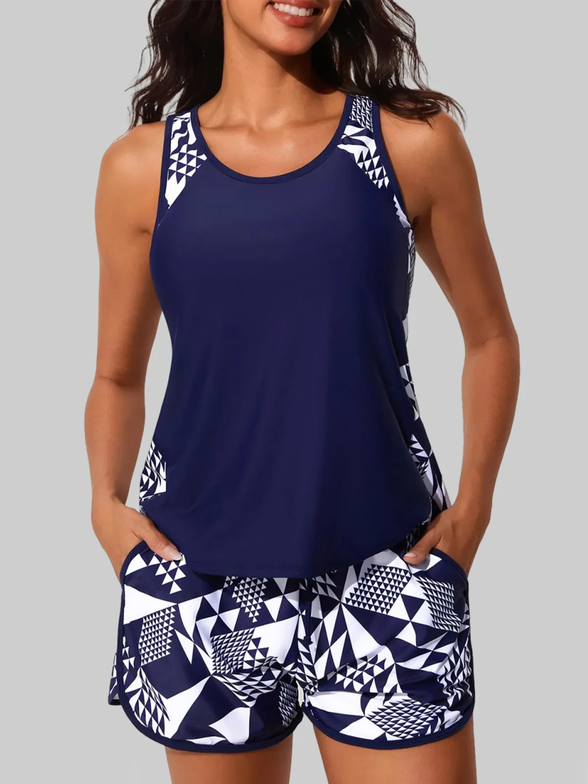 Blouson Tankini Swimsuits for Women Tummy Control Two Piece Bathing Suits with Sporty Pockets Swim Shorts Main image