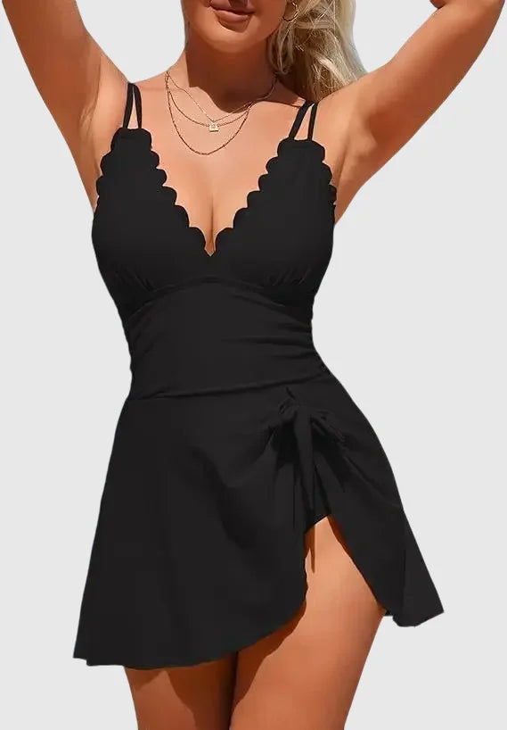 One Piece Swimdress Swimsuits for Women Scalloped Tummy Control Swim Dress Tie Knot Skirt Bathing Suit Main image