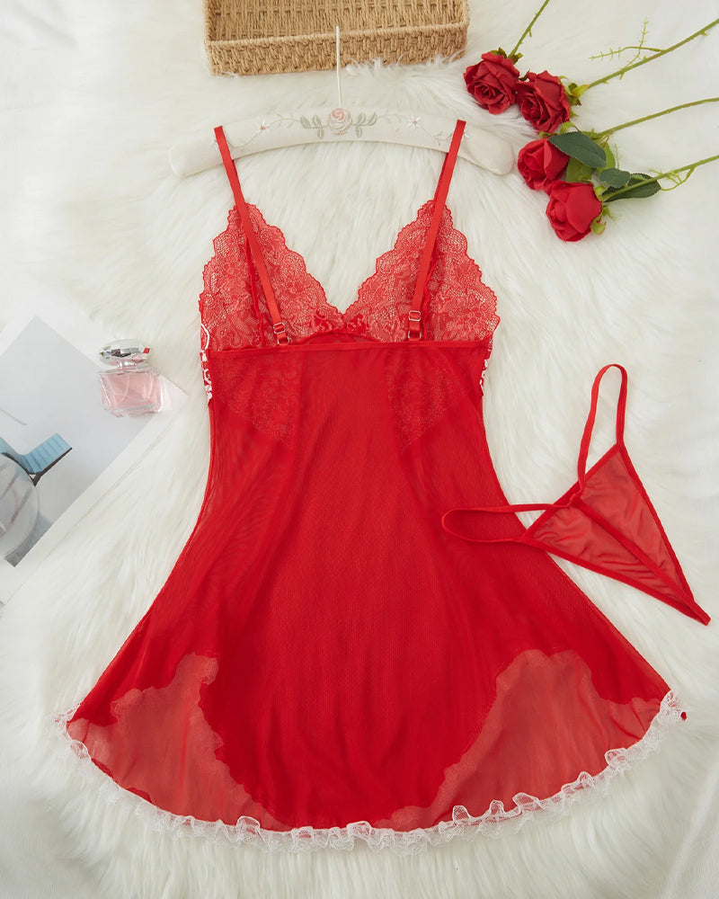 Ocevara Sexy V Neck Sheer Lace Nightgown with G-String - image 6