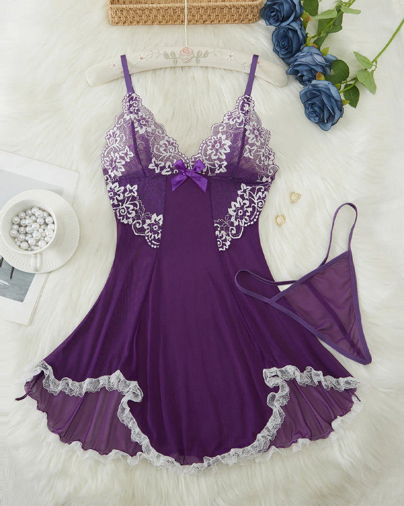 Ocevara Sexy V Neck Sheer Lace Nightgown with G-String - image 7