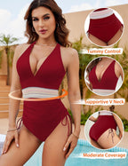 Ocevara - Women Tummy Control Swimsuits One Piece Slimming Modest Bathing Suit Color Block Drawstring Swim Suits