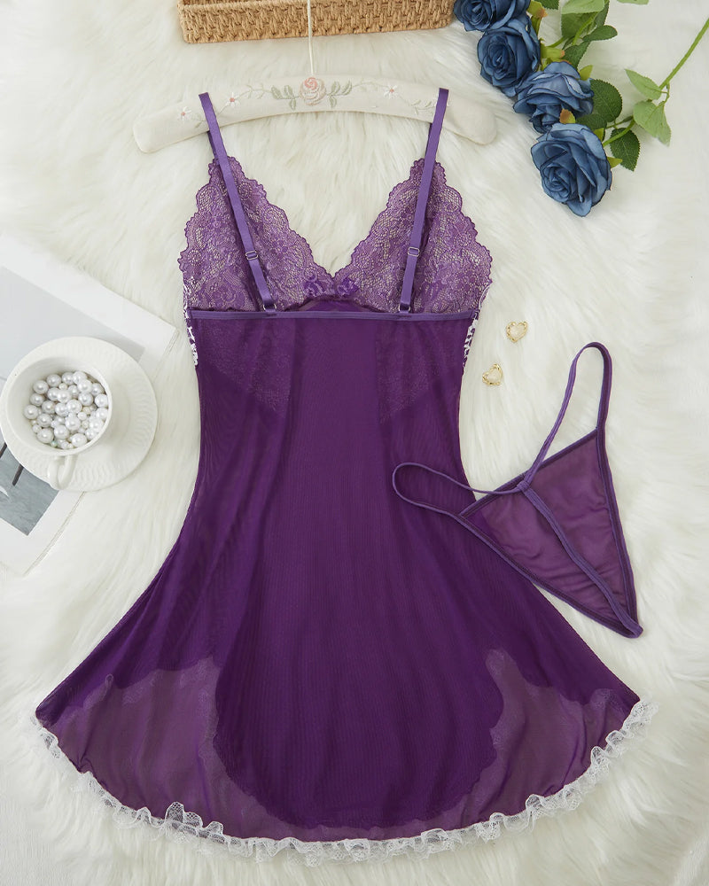 Ocevara Sexy V Neck Sheer Lace Nightgown with G-String - image 8