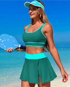 Ocevara - High Waisted Bikini Sets Tummy Control Swim Skirt Two Piece Swim Suit Tummy Control Color Block Bathing Suit