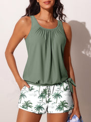 Olive Palm Print Blouson Tankini and Swim Shorts Set