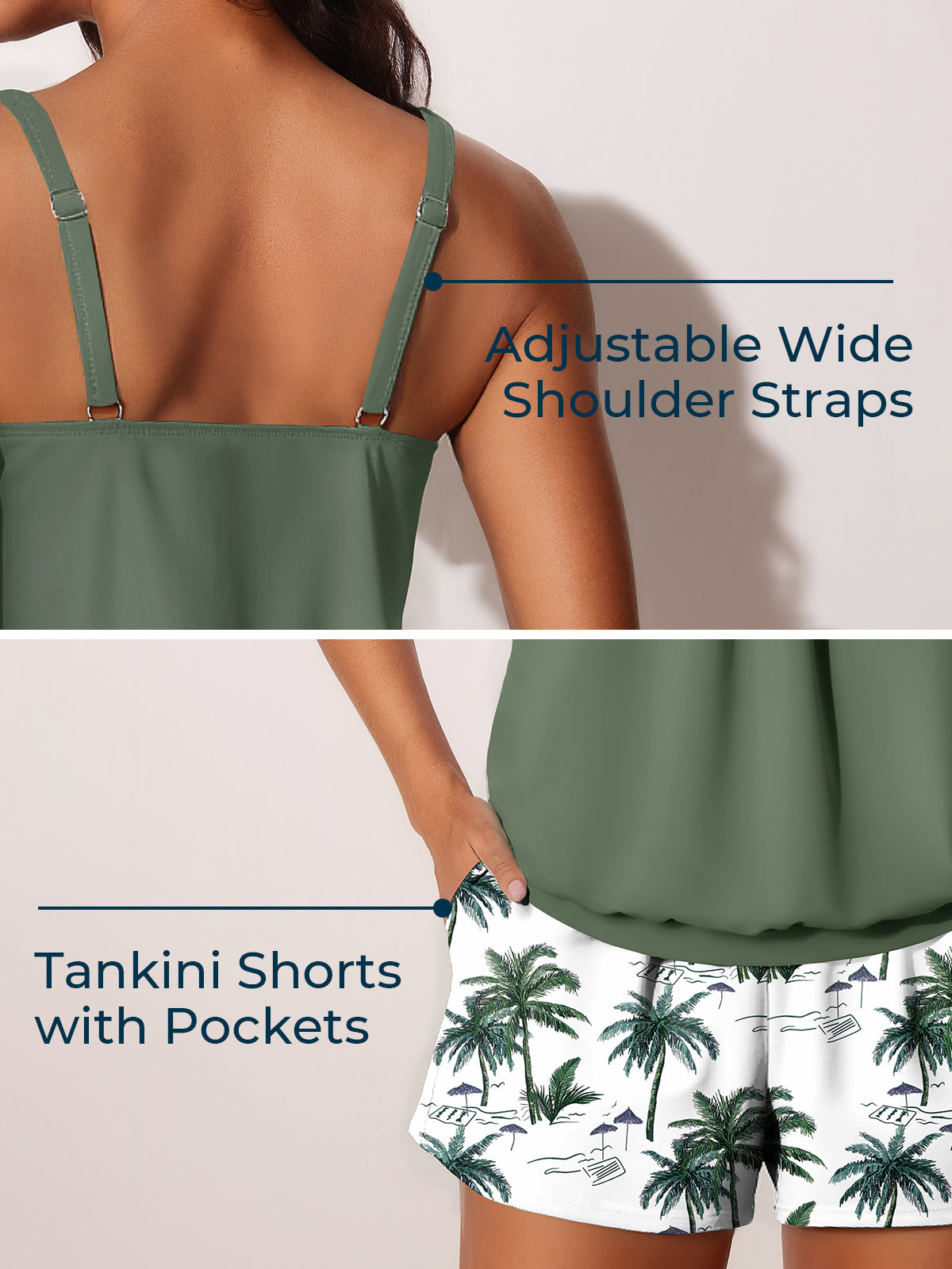 Olive Palm Print Blouson Tankini and Swim Shorts Set