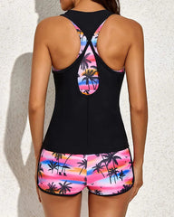 Ocevara Ocevara - Pink Palm 3 Piece Tank Bathing Suits With Shorts And Racer back Sports - image 3