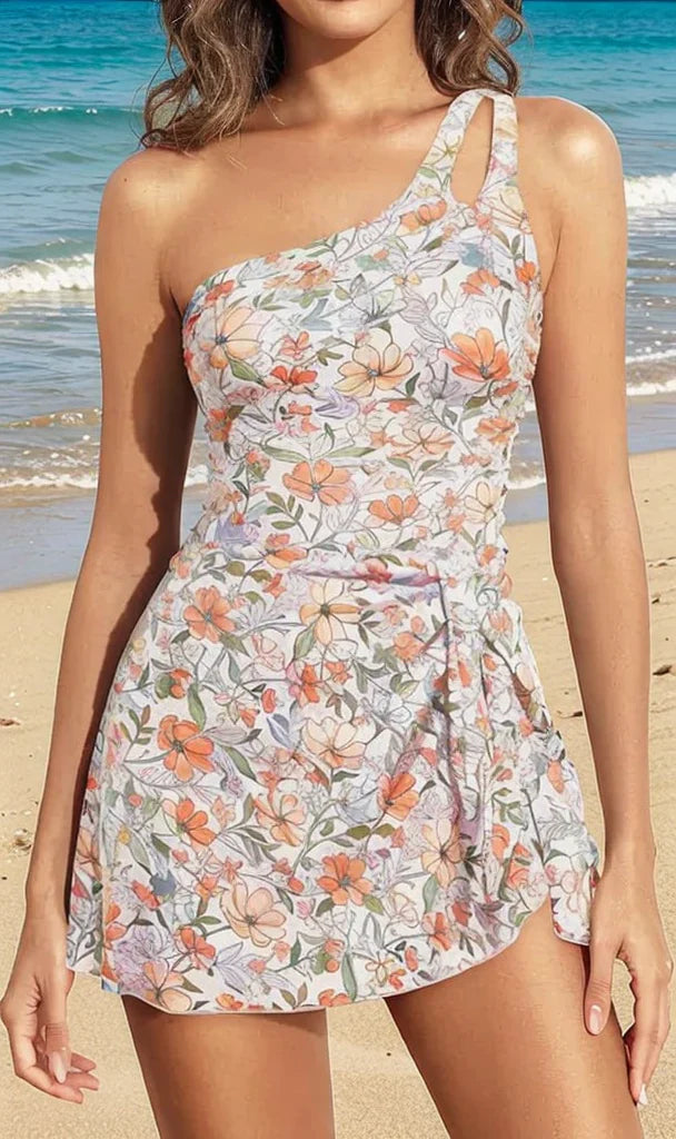 One Piece Swim Dress for Women - One Shoulder Tummy Control Swimsuit with Skirt Main image