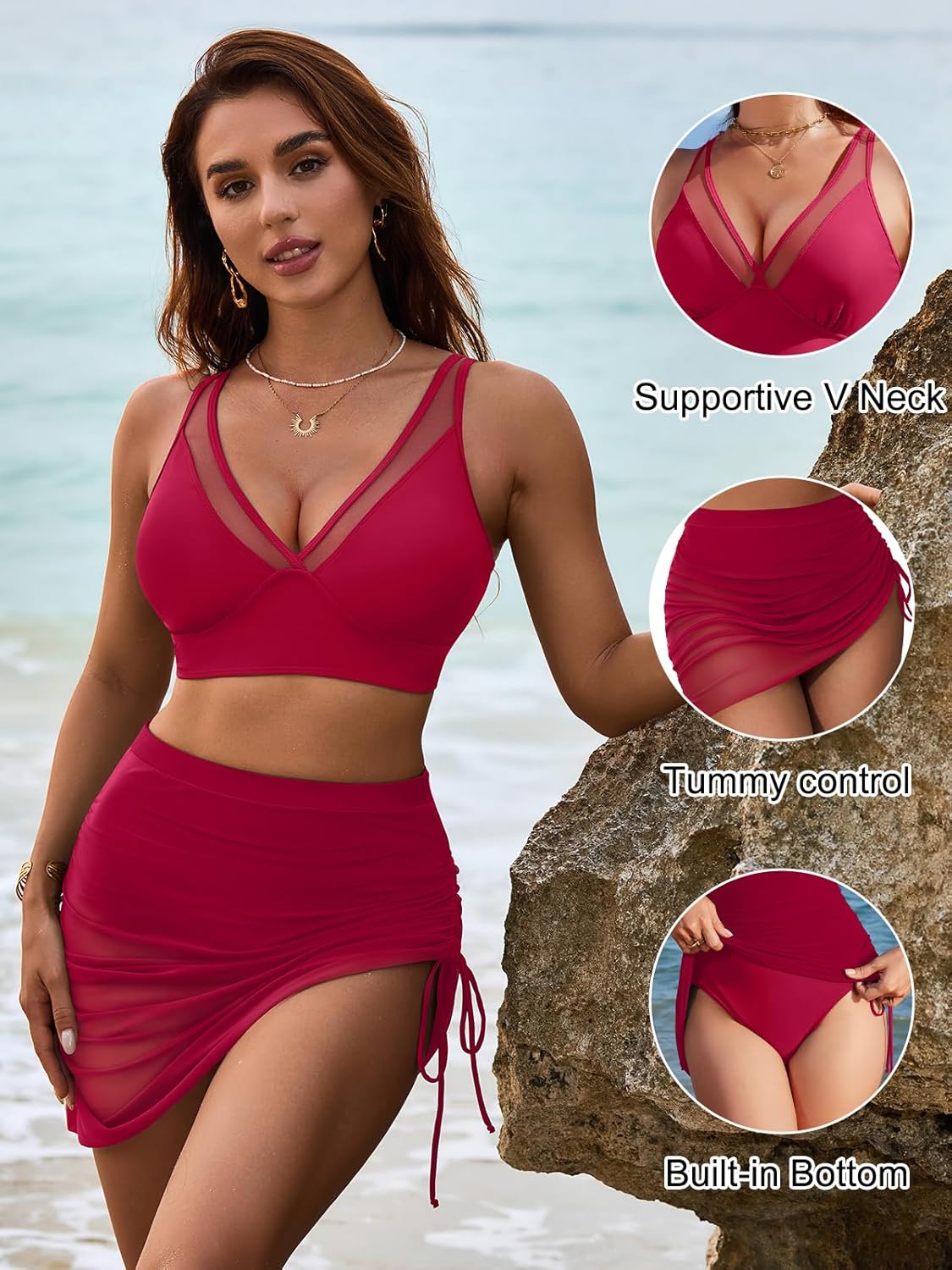 Ocevara Ocevara - Women's Swim Skirt High Waisted Bikini Sets Tummy Control Swimsuits Mesh Sarong - image 38