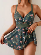 Women's Swimdress Apron Belly One Piece Swimsuit Slimming V Neck Tie Back Bathing Suit with Full Coverage Skirt