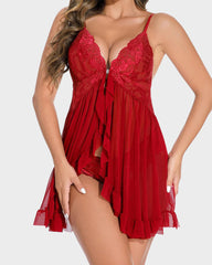 Ocevara Sexy Lace Mesh See-Through Nightgown with Matching Thong - image 1