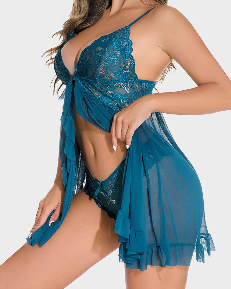 Ocevara Sexy Lace Mesh See-Through Nightgown with Matching Thong - image 11