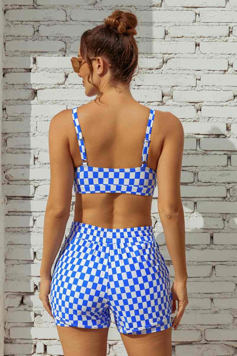 Blue & White Square Lattice Square Neck Wide Straps Sporty Bikini Top And High-Waist Boy Shorts