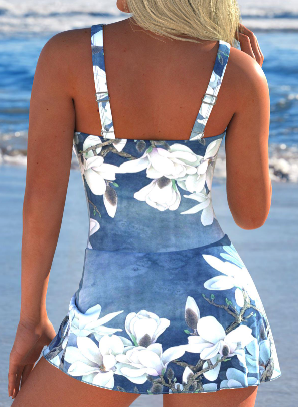 Tie Denim Blue Floral Print One Piece Swimdress Secondary image