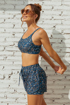 Floral Square Neck Adjustable Straps Sporty Bikini Top And High-Waist Boy Shorts