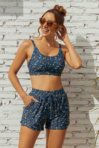 Floral Square Neck Adjustable Straps Sporty Bikini Top And High-Waist Boy Shorts