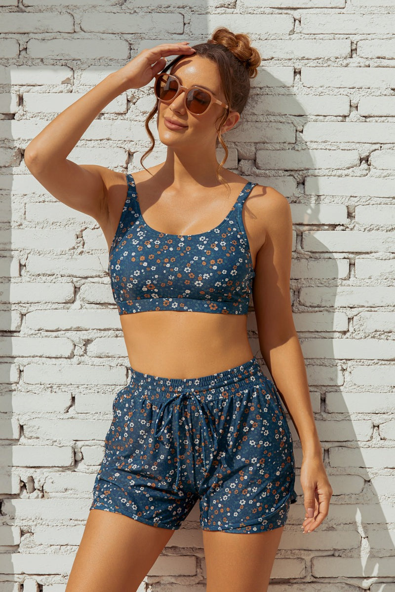 Floral Square Neck Adjustable Straps Sporty Bikini Top And High-Waist Boy Shorts