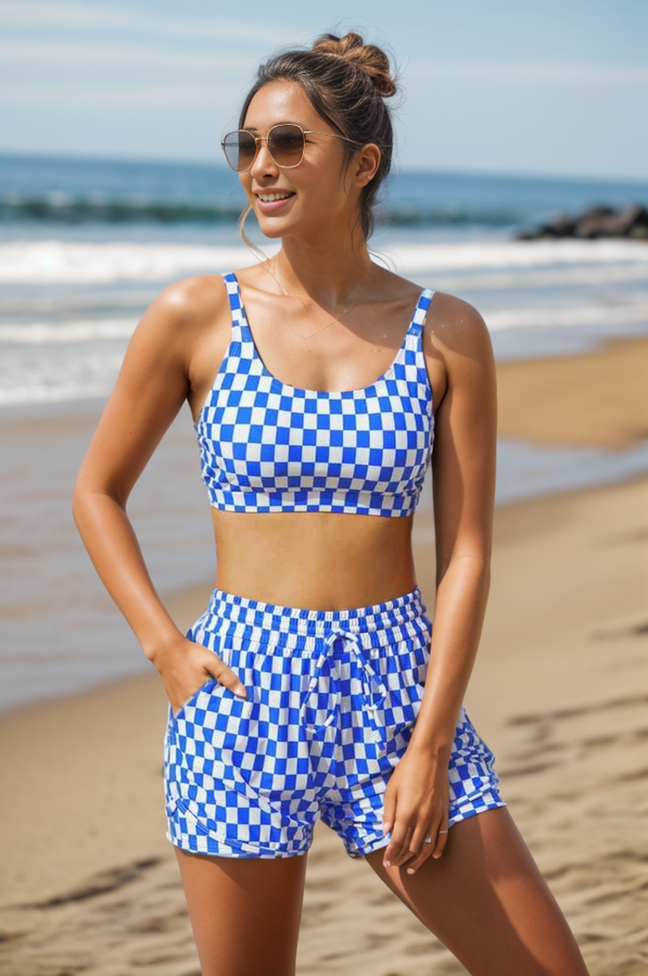 Blue & White Square Lattice Square Neck Wide Straps Sporty Bikini Top And High-Waist Boy Shorts Secondary image