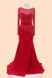 Long Sleeves Red Beaded Cap Sleeves Prom Party Dress ED1033