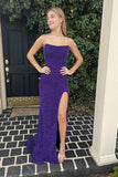 Mermaid Strapless Purple Sequins Long Prom Dress with Slit N109