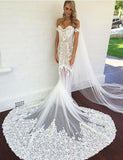 Off the Shoulder Short Sleeves Court Train Mermaid Wedding Dresses with Appliques Lace OKF75