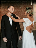 A-line Bateau Cap Sleeves Open Back Bohemian Wedding Dress with Lace OKR21