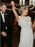 A-line Bateau Cap Sleeves Open Back Bohemian Wedding Dress with Lace OKR21