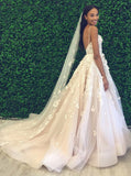 Princess A-Line Spaghetti Straps Backless Tulle Wedding Dresses with Appliques OKF92