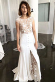 Sheath Bateau Cap Sleeves Sweep Train Lace Wedding Dress with Slit OKR36