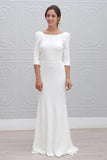 Simple Sheath Bateau Backless 3/4 Sleeves Sweep Train Beach Wedding Dress OKS35
