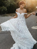 A-Line Off-the-Shoulder Boho Wedding Dresses with Appliques OKL58