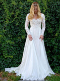 A-Line V-Neck Long Sleeves Wedding Dresses with Lace Appliques OKL50