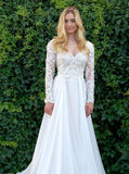 A-Line V-Neck Long Sleeves Wedding Dresses with Lace Appliques OKL50