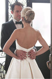 Simple Sweetheart Strapless Court Train Ivory Satin Wedding Dresses with Ruched OK565