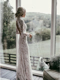 Mermaid High Neck Backless Long Sleeves Boho Lace Wedding Dresses OKL48