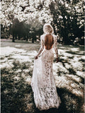 Mermaid High Neck Backless Long Sleeves Boho Lace Wedding Dresses OKL48