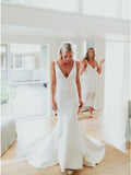 Mermaid V-Neck Backless Sweep Train Satin Charming Wedding Dress OKK45