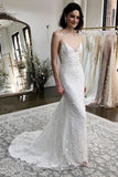 Mermaid Spaghetti Straps Sweep Train Appliqued Wedding Dresses OKM24