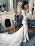 Mermaid Crew Long Sleeves Illusion Back Lace Wedding Dresses OKL15