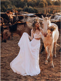 Two Piece Crew Long Sleeves White Chiffon Boho Wedding Dresses with Lace OKK43