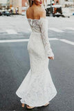 Mermaid Off-the-Shoulder Long Sleeves High Low Lace Beach Wedding Dress OKR81