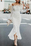 Mermaid Off-the-Shoulder Long Sleeves High Low Lace Beach Wedding Dress OKR81