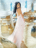 A-Line Halter Backless Light Pink Chiffon Beach Wedding Dress with Appliques Ruffles OKR83