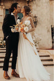 A-line V-Neck Backless Sweep Train Tulle Sexy Wedding Dress with Pearls OKS37