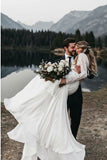 Two Piece Long Sleeves Chiffon Beach Wedding Dress with Lace OKS32