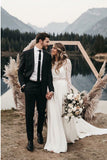 Two Piece Long Sleeves Chiffon Beach Wedding Dress with Lace OKS32