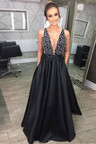 Black Deep V Neck Beading Prom Dress Formal Evening Dress With Pockets OKJ46