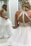 Two Piece Off White High Neck Prom Dresses, Cheap A Line Evening Dresses OKJ45