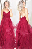 Red Spaghetti Straps A Line Sequins Prom Dress, Backless Evening Dress OKJ81