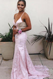 Red Lace Spaghetti Strap Backless Prom Dress, Mermaid Prom Dress OKJ79
